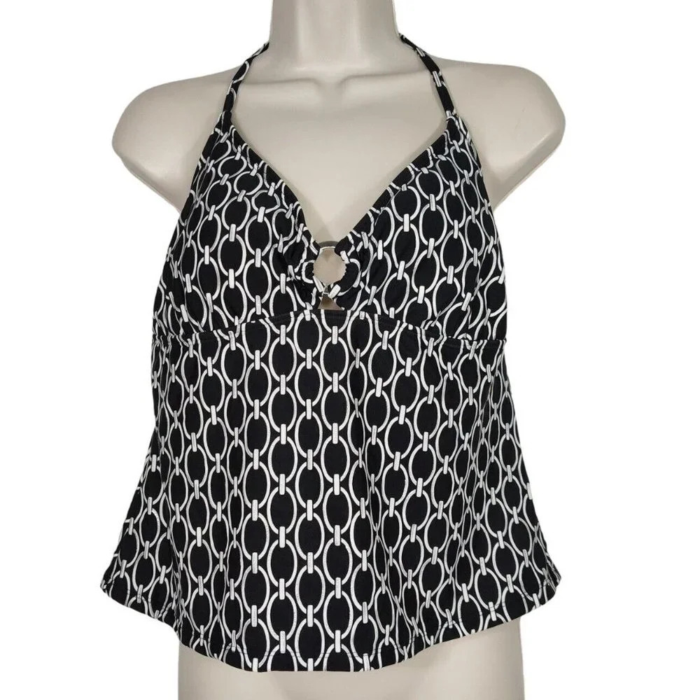 Sand N Sun Swim Top Tankini Women Size L 12 14 Black White Silver Geometric